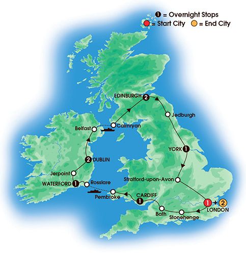 Itinerary map of 11 Day Essence Of Britain & Ireland